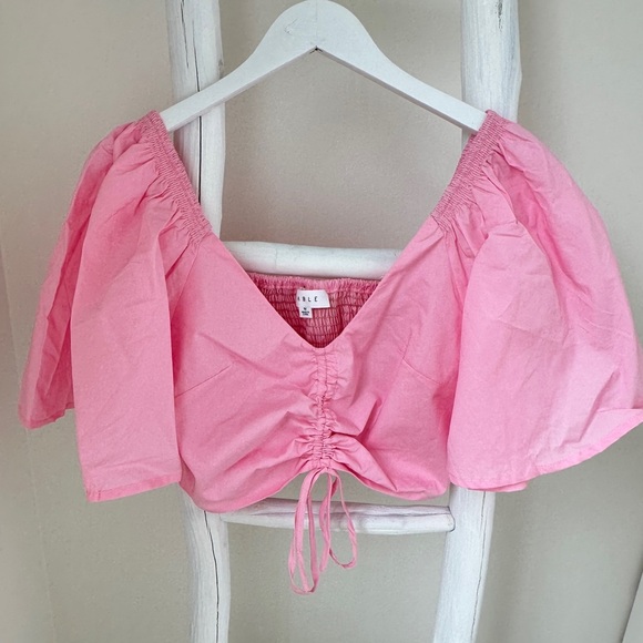 Mable Puffed Bell Sleeve Front Tie Crop Top Pink Size Medium - Picture 1 of 9